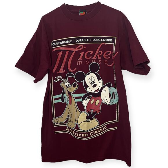 Vintage Burgundy Mickey Mouse American Classic Pluto Disney World Tshirt Size XL - Picture 1 of 6